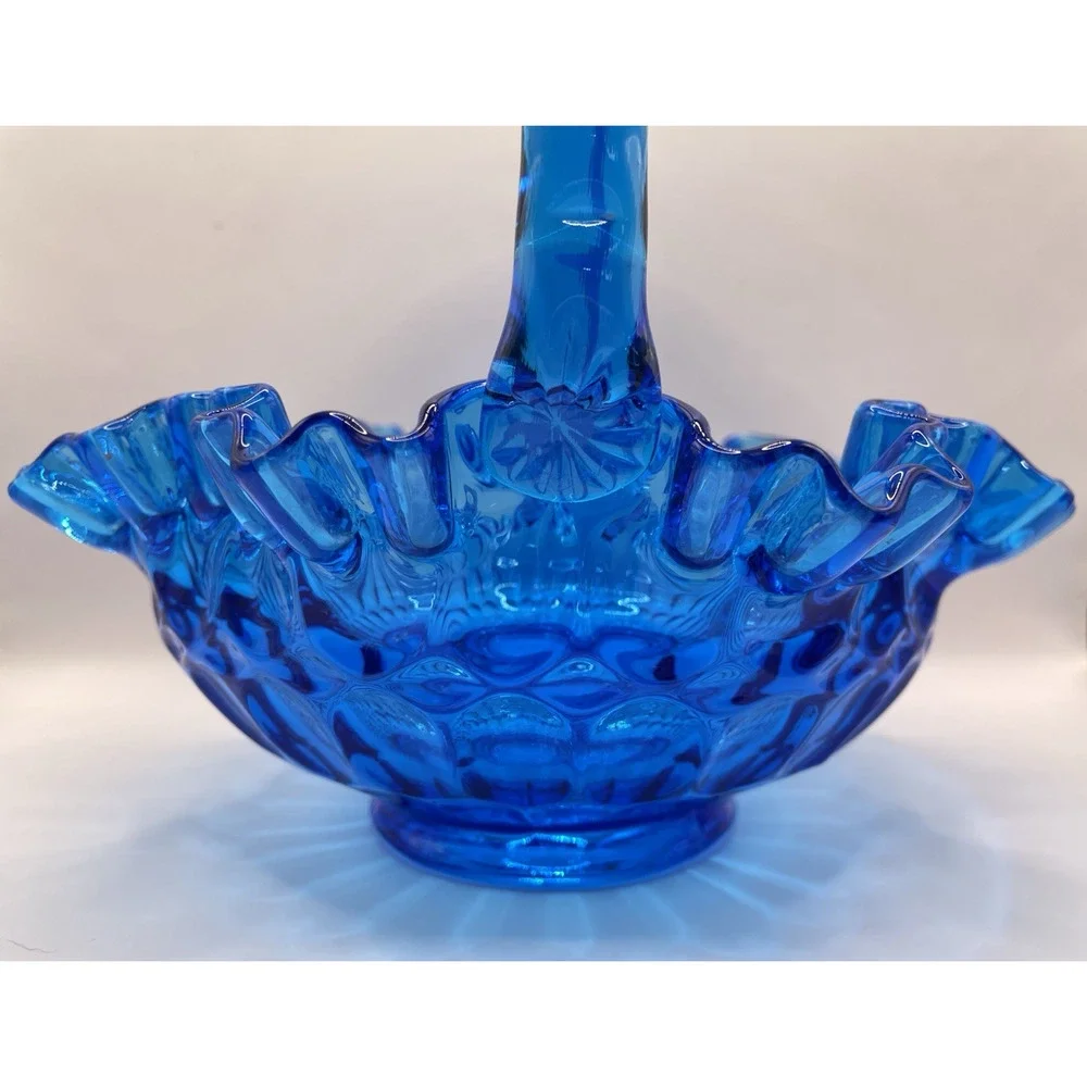 1950s Vintage Fenton Thumbprint Colonial Cobalt Blue Ruffled 8” Glass Basket